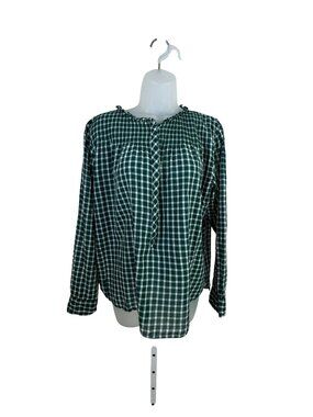 J.Crew Green & White Check Ruffle Popover Long Sleeve Blouse Size 14
